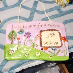 Just Believe Ceramic Wall Plaque in Pink and Green